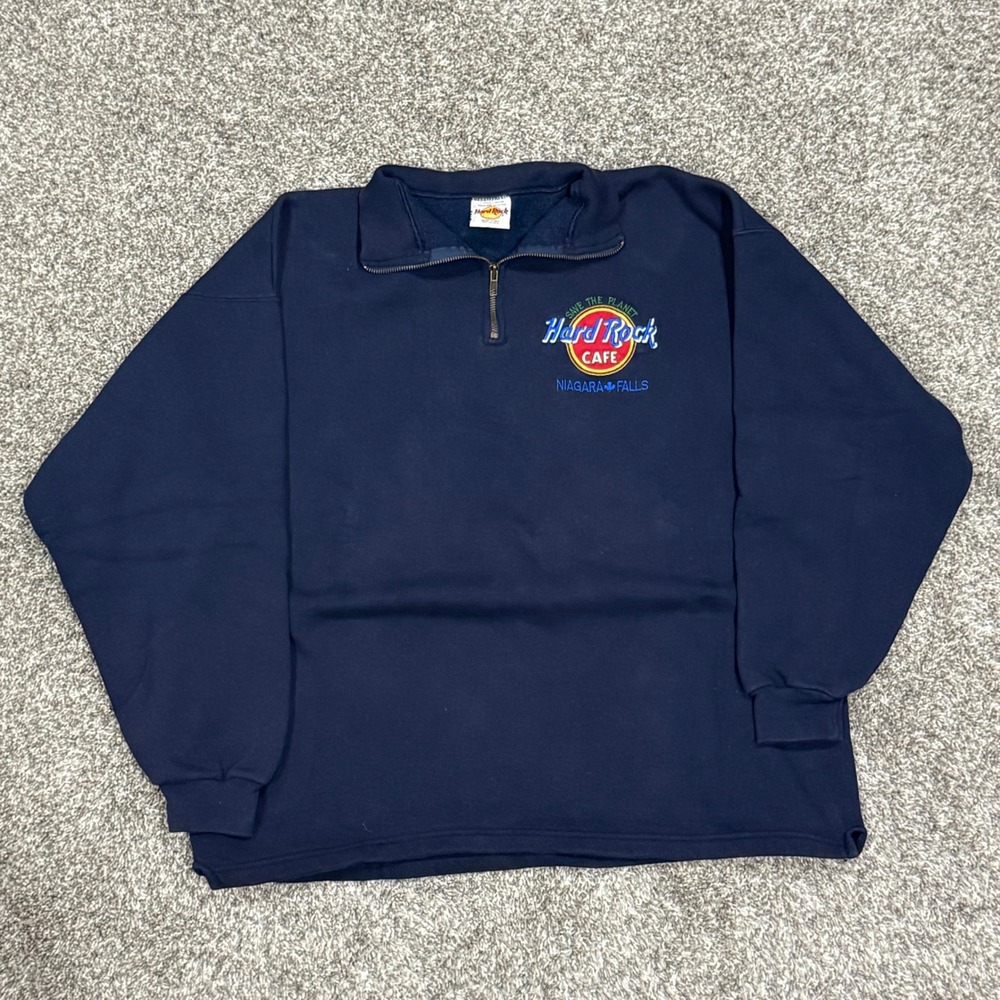 Vintage 90s Hard Rock Cafe Niagara Falls Quarter Zip Sweatshirt Navy Mens XL USA